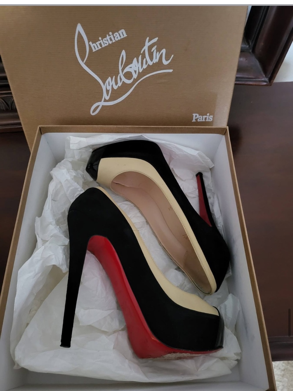Christian Louboutin Black and Cream Peep-Toe Platform Pumps with Red Soles